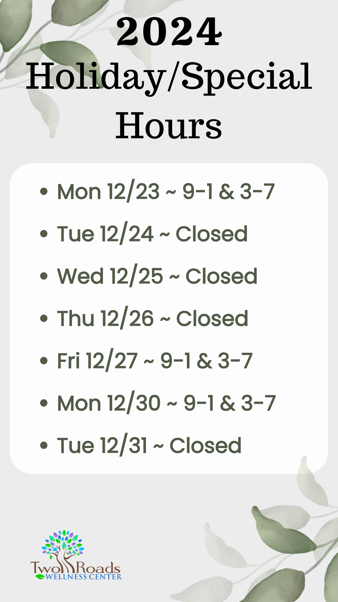 Holiday Special Hours new